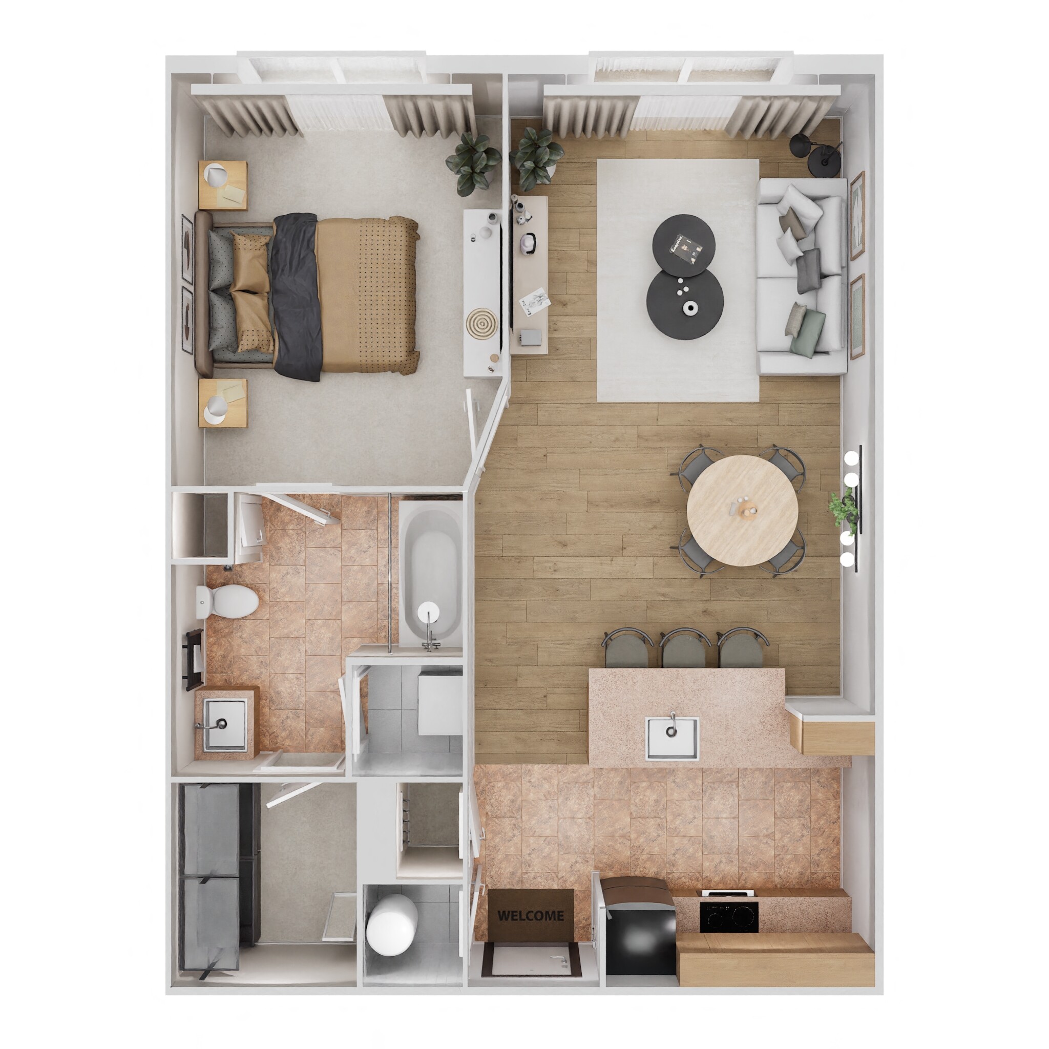 Floor plan for 1 bed, 1 bath, 681 sqft